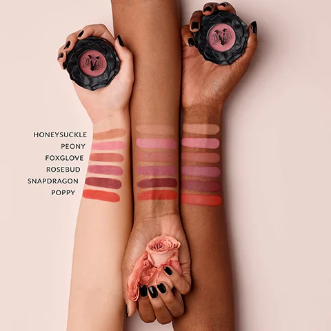 Model arm swatch of all shades: honey suckle, peony, foxglove, rosebud, snapdragon and poppy