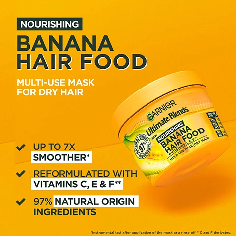 Image 1 - A vibrant yellow background features a yellow container of Garnier Ultimate Blends Nourishing Banana Hair Food with visible text highlighting benefits such as up to 7x smoother, reformulated with vitamins C, E, and F, and 97% natural origin ingredients.
Image 2 - Image shows four before-and-after comparisons of hair transformations for different hair types, with visible text stating BEFORE and AFTER* for each image and UP TO 7X SMOOTHER** FOR DRY HAIR at the bottom.
Image 3 - A group of three individuals poses in front of a bright yellow background, with the text GIVE YOUR HAIR THE NOURISHMENT IT NEEDS WITH HAIR FOOD BY GARNIER displayed prominently.
