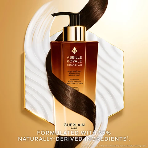 Image 1, formulated with 95% naturally derived ingredients. Image 2, hair that is visibly plumper to the touch +67%, repaird +96%, softer +78%, detangled +95%, stronger +48%. Image 3, blackbee honey repair technology. black bee honey from quessant island, honey from corsica, honey from aland, honey from ikaria. phytoceramides, arginine, d-panthenol, cassia alta extract. Image 4, keratin protecting ectoine. Image 5, guerlain has been actively committted to protecting bees, the sentinels of the environment.