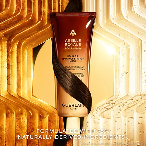 Image 1, formulates with 95% naturally derived ingredients. Image 2, hair that is visibly repairs +61%, shiny, +44%, stronger +30%, more voluminous +20%. Image 3, blackbee honey repair technology. black bee honey from quessant island, honey from corsica, honey from aland, honey from ikaria. phytoceramides, arginine, d-panthenol, cassia alta extract. Image 4, radiance restoring floral oleo-extract, replenishing phytokeratin. Image 5, guerlain has been actively committted to protecting bees, the sentinels of the environment.