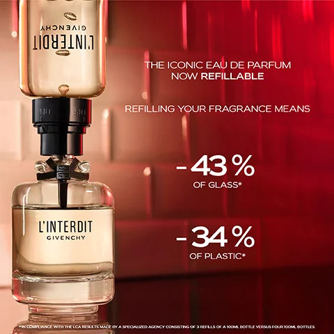 ΛΗΝΙΟ 30 THE ICONIC EAU DE PARFUM NOW REFILLABLE REFILLING YOUR FRAGRANCE MEANS -43% OF GLASS⭑ L'INTERDIT GIVENCHY -34% OF PLASTIC* IN COMPLIANCE WITH THE LCA RESULTS MADE BY A SPECIALIZED AGENCY CONSISTING OF 3 REFILLS OF A 100ML BOTTLE VERSUS FOUR TOOM BOTTLES