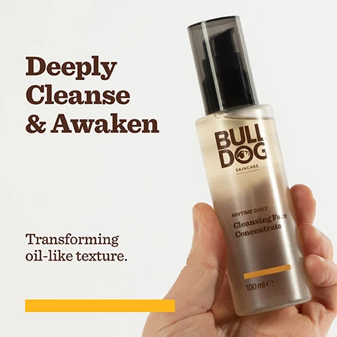 Image 1, deeply cleanse and awaken, transforming oil like texture. Image 2, fruit alpha hydroxy acids (AHA's), oat amino acids, soapbark extract. Image 3, bottle = 100% PCR plastic. pump = 30% PCR plastic mono-material pump. FSC certified cardboard carton. 97% natural origin, natural origin fragrance, vegetarian society vegan approved. Image 4, refresh and protect