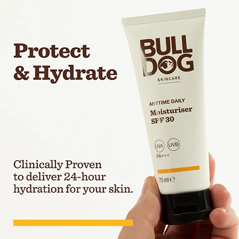 Image 2 - A person holding a tube of Bulldog Skincare moisturizer, labeled ANYTIME DAILY Moisturiser SPF 30, with visible text that says Protect & Hydrate and Clinically Proven to deliver 24-hour hydration for your skin.
Image 3 - A tube of Bulldog skincare moisturiser labeled ANYTIME DAILY Moisturiser SPF 30 rests on a background of orange slices with droplets of water, featuring text highlighting benefits such as Vitamin C, Broad Spectrum SPF 30, and Safflower Seed Extract.
Image 4 - Image shows a bright yellow background with a white outline of a bottle and pump, along with text that states details about the packaging: +Bottle 100% PCR plastic, +Pump 30% PCR plastic mono-material pump, +FSC certified cardboard carton, and icons indicating 97% natural origin, natural origin fragrance, and a vegan approval stamp.
Image 5 - Three skincare product boxes from Bulldog Skincare are displayed on a marble surface, with visible text including Bulldog logo, product names such as Anytime Daily Moisturiser SPF 30, Moisturising Gel-Cream, and Cleansing Face Concentrate, along with taglines like Refresh + Protect and descriptions of their benefits.
Image 6 - An image featuring two Bulldog Skincare products on a marble surface, including a bottle of Cleansing Face Concentrate and a tube of Moisturiser SPF 30, with the text Refresh + Protect at the bottom.