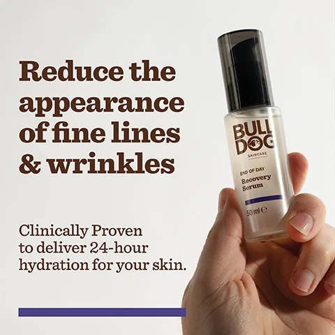 Image 2 - A person holding a bottle of Bulldog Skincare Recovery Serum, with text that reads Reduce the appearance of fine lines & wrinkles and Clinically Proven to deliver 24-hour hydration for your skin.
Image 3 - A bottle of Bulldog skincare serum is positioned next to several rambutan fruits, with the text displaying Rambutan Extract, Icelandic Microalgae, and Hyaluronic Acid.
Image 4 - Image features a purple background with white illustrations of a bottle and pump, along with text that states the bottle is 100% PCR plastic, the pump is made from 30% PCR plastic, and the packaging is FSC certified cardboard carton, while also displaying logos indicating 99% natural origin, natural origin fragrance, and vegan approval.
Image 5 - Four skincare products from Bulldog Skincare are displayed together, including a tube of Recovery Cleansing Face Gel, a box of Recovery Serum, a jar of Recovery Cream, and a small bottle of Recovery Serum, with visible text reading Restore + Recover.