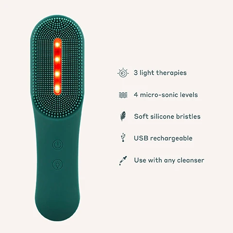 Image 1 - A teal facial cleansing device with soft silicone bristles and three illuminated light therapies, accompanied by text descriptions listing its features: 3 light therapies, 4 micro-sonic levels, soft silicone bristles, USB rechargeable, and use with any cleanser.
Image 2 - An illustration showing three hairbrushes with different colored LED lights: red for lines and wrinkles, yellow for radiance and glow, and blue for blemishes and oiliness, with corresponding wavelengths listed below each brush.
Image 3 - An illustration showing a green brush above layers of skin with wavy lines indicating movement, an arrow pointing to a light peach-colored square containing bubbles.
Image 4 - A hand is holding a soft, gray, reusable makeup removal cloth, with icons and text beside it stating features like Removes makeup with just water, For makeup removal, Machine wash at 30, Reusable, Grab & hold microfibres, Eco friendly, No smearing, Plastic free, and Bamboo microfibre.
Image 5 - An illustration comparing the structure of a dry microfiber bamboo swipe on the left and a wet one on the right, with the text WIPEOUT Microfibre Bamboo Swipes above and DRY and WET labels underneath each respective image.
Image 6 - A woman smiles while holding two round, textured pads over her eyes, illustrating a makeup removal product, with text on the side listing features such as removes makeup with just warm water, wash + reuse 1000s of times, bamboo microfibre, super soft, ideal for sensitive skin, machine washable at 30°C, and eco-friendly.