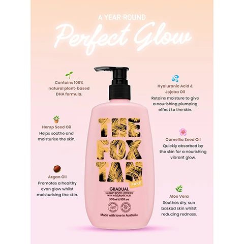 image 1, a year round perfect glow. Contains 100% natural plant based DHA formula. hemp seed oil helps soothe and moisturise the skin. argan oil promotes a healthy even glow whilst moisturising the skin. hyaluronic acid and jojoba oil retains moisture to give a nourishing plumping effect to the skin. camellia seed oil, quickly absorbed by the skin for a nourishing vibrant glow. aloe vera soothes dry, sun basked skin whilst reducing redness. image 2, 1 = prep your glow, exfoliate, shave get squeaky clean skin for a silky smooth base. 2 = glove up bby, our luxe velvet tanning mitt will glide effortlessly alloweing a streak-free glow. 3 = get glowing, apply to your skin liberally using our mitt, making sure to cover your whole bod. 4 = marinate, allow the tan to develop to ensure a flawless, bronzy sun kissed glow.