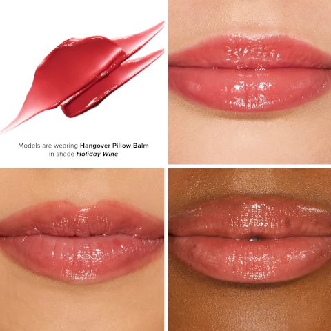 Image 1, models are wearing hangover pillow balm in shade holiday wine. image 2, models are wearing hangover pillow balm in shade spiced cider.