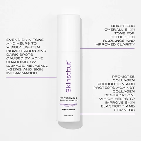 EVENS SKIN TONE AND HELPS TO VISIBLY LIGHTEN PIGMENTATION AND DARK SPOTS CAUSED BY ACNE SCARRING, UV DAMAGE, MELASMA, AGEING AND SKIN INFLAMMATION. BRIGHTENS OVERALL SKIN TONE FOR RADIANCE AND IMPROVED CLARITY. PROMOTES COLLAGEN PRODUCTION AND PROTECTS AGAINST COLLAGEN DEGRADATION, WHICH HELPS TO IMPROVE SKIN ELASTICITY AND FIRMNESS.