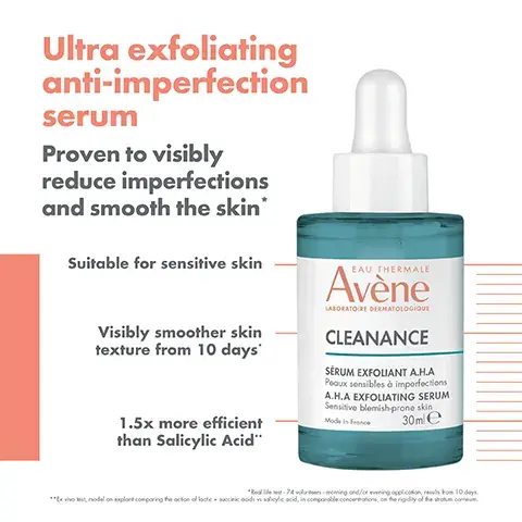 Image 1, Ultra exfoliating anti-imperfection serum Proven to visibly reduce imperfections and smooth the skin* Suitable for sensitive skin Visibly smoother skin texture from 10 days' 1.5x more efficient than Salicylic Acid. Image 2, Patented duo of naturally derived acids LACTIC ACID (2.7%): SUCCINIC ACID (3%): Hydrating and Keratolytic Hydrating 1.5X MORE EFFICIENT THAN SALICYLIC ACID* *Ex vivo test, model on explore comporing the oction of lackcocinic acid solicylic acid, in comparable concertatons, on the rigidity of the shotum comem. Image 3, Image shows a skincare product lineup from Avene, featuring four bottles labeled for different steps: 1. Cleanse - Cleanance Cleansing Gel, 2. Smooth - Cleanance A.H.A Exfoliating Serum, 3. Moisturise - Cleanance Comedoned Anti-Blemishes Concentrate, 4. Protect - Ultra Fluid SPF 50 Oil Control. Image 4, light texture non greasy and non sticky texture and frgrance free
