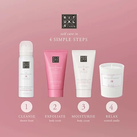 1 = cleanse with shower foam. 2 = exfoliate with body scrub. 3 = moisturise with body cream. 4 = relax with scented candle