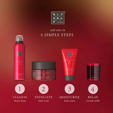 1 = cleanse with shower foam. 2 = exfoliate with body scrub. 3 = moisturise with body cream. 4 = relax with scented candle.