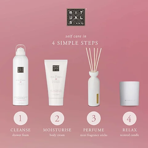 1 = cleanse with shower foam. 2 = exfoliate with body scrub. 3 = perfume with mini fragrance sticks. 4 = relax with scented candle.