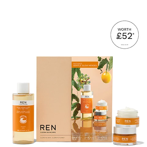 Image 1, worth £52. image 2, step 1 = smooth with radiance renewal mask. step 2 = brighten with ready steady glow daily AHA tonic. step 3 = even with dark spot sleeping cream. image 3, bioactives. glycolic acid = gently removes dead skin cells. lactic acid = helps eliminate dead skin cells. encapsulated algae complex targets the appearance of dark spots.