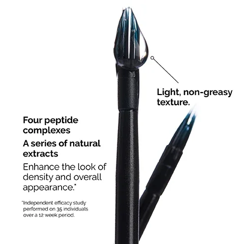 four peptide complexes. a series of natural extracts. enhance the look of density and overall appearance. light non-greasy texture. independent efficacy study performed on 35 individuals over a 12 week period.