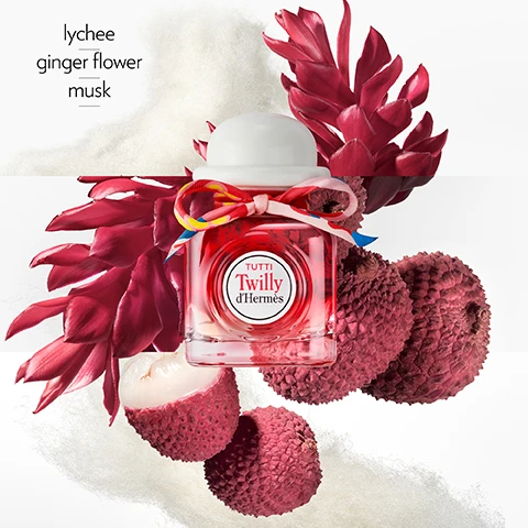 Image 1, lychee, ginger flower, musk. Image 2, twilly d'hermes eau de parefum - ginger, tuberose and sandalwood. twilly d'hermes eau poivree - pink peppercorn, rose and patchouli. twilly d'hermes eau ginger - peony, candied ginger and cedar. tutti twilly d'hermes - ginger flower, lychee and musk