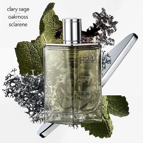 Image 1, clary sage, oakmoss, sclarene. image 2, H24 eau de parfum - clary sage, oakmoss, sclarene. H24 eau de toilette = rosewood, clary sage and narcissus.