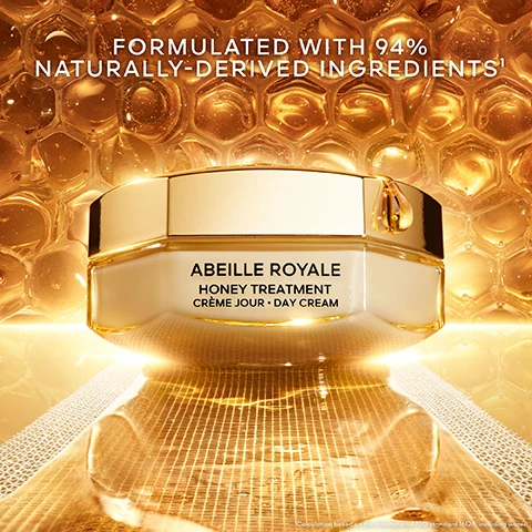 Image 1, formulated with 94% naturally derived ingredients. Image 2, dermatological scorage. wrinkles minus 48%, firmness plus 57%, smoothness plus98% and radiance plus 63%. Image 3, dynamic blackbee repair advanced technology. Image 4, polyfragmented hyaluronic acid, pro elasticity hexapeptide. Image 4, now refillable. Image 5, abeille royale youth ritual. Image 6, over 90% natural origin ingredients. up to 40% recycled glass. guerlain for bees conservation programme = more than 10 partnerships dedicated to bee preservation.