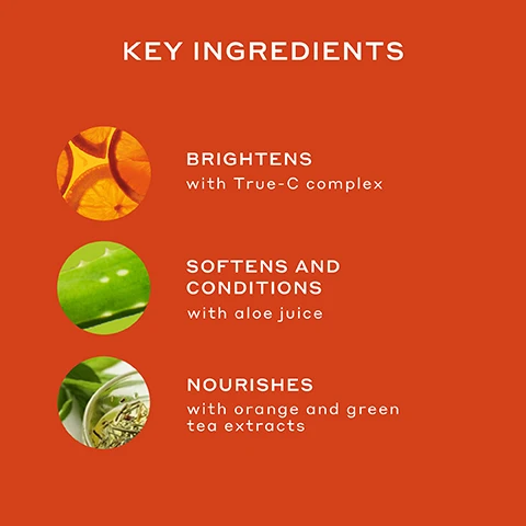 Image 1 - The image displays a list of key ingredients and their benefits, with circular images showing orange slices, an aloe vera leaf, and green tea leaves, with the text KEY INGREDIENTS, BRIGHTENS with True-C complex, SOFTENS AND CONDITIONS with aloe juice, NOURISHES with orange and green tea extracts. Image 2 - An orange OLEHENRIKSEN Truth Serum bottle with a white pump top rests on a sliced orange against an orange background, displaying product text Truth Serum Collagen boosted with True-C Complex Regorge de collagène avec True-C Complex, and efficacy claims 97% agree it leaves skin smooth, 94% agree it leaves skin soft, 91% agree it absorbs quickly and easily into skin, and 85% agree it improves skin radiance, based on an 8-week clinical study on 34 people. Image 3 - The image displays skincare routines, with a Morning Routine section featuring a yellow sun icon and three Ole Henriksen products: 01 Brighten Vitamin C Serum, 02 Hydrate Vitamin C Moisturizer, and 03 Illuminate Vitamin C Eye Cream; and a Night Routine section featuring a light blue crescent moon icon and two Ole Henriksen products: 01 Renew Exfoliating Toner and 02 Strengthen Peptide Moisturizer. Image 4 - Three Ole Henriksen serums are displayed on a peach background, with a swatch of product color behind each bottle; the text reads: BRIGHTEN WITH OLE, OLEHENRIKSEN TRUTH Peach Glaze Glow Niacinamide Serum, Vitamin C, peach extract + niacinamide for brightening + antioxidant-rich hydration, PEACH GLAZE GLOW SERUM, OLEHENRIKSEN TRUTH Banana Bright Vitamin C Serum, 15% vitamin C + 5% PHA to visibly reduce dark spots, BANANA BRIGHT SERUM, OLEHENRIKSEN TRUTH Truth Serum, True-C Complex to brighten + condition skin, TRUTH SERUM. Image 5 - A light peach graphic displays two orange Ole Henriksen serum bottles, a smaller one on the left and a larger one on the right, above a comparison chart, with visible text reading: GET TO KNOW YOUR VITAMIN C, Ole Henriksen Truth Serum, Ole Henriksen Banana Bright Vitamin C Serum 15% Vitamin C, 5% PHAs, Hyaluronic Acid, Banana Powder-inspired pigments, Truth Serum, What its for: All day hydration, What it does: Hydrates, brightens and firms, Whats in it: True-C Complex (stabilized vitamin C derivatives), collagen and aloe juice, Banana Bright Vitamin C Serum, What its for: Dark spots + preventative aging, What it does: Brightens, visibly reduces dark spots and defends against pollution, Whats in it: 15% vitamin C, 5% PHAs, hyaluronic acid and banana powder-inspired pigments.