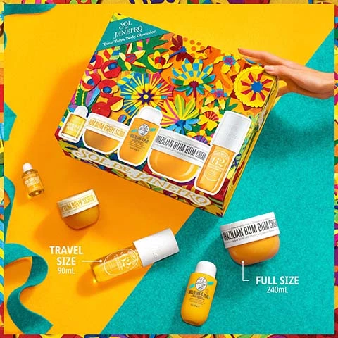 Image 1, travel size 90ml vs full size 240ml. image 2, spread joy, reduce waste. we only use biodegradable pulp fiber trays in our gift sets.
