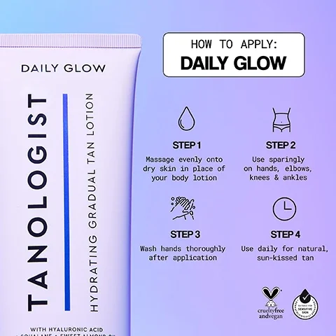 how to apply daily glow. step 1 = massage evenly onto dry skin in place of your body lotion. step 2 = use sparingly on hands, elbows, knees and ankles. step 3 = wash hands thoroughly after application. step 4 = use daily for natural sunkissed tan.