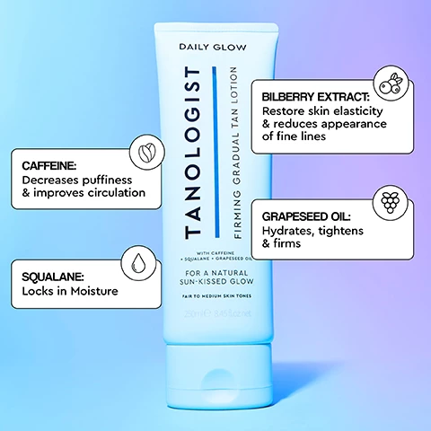 Image 1, bilberry extract restores skin elasticity and reduces appearance of fine lines. caffeine decreases puffiness and improves circulation. grapeseed oil hydrates, tightens and firms. squalane boosts natural skin hydration for long lasting glow. image 2, how to apply daily glow. step 1 = massage evenly onto dry skin in place of your body lotion. step 2 = use sparingly on hands, elbows, knees and ankles. step 3 = wash hands thoroughly after application. step 4 = use daily for natural sunkissed tan.