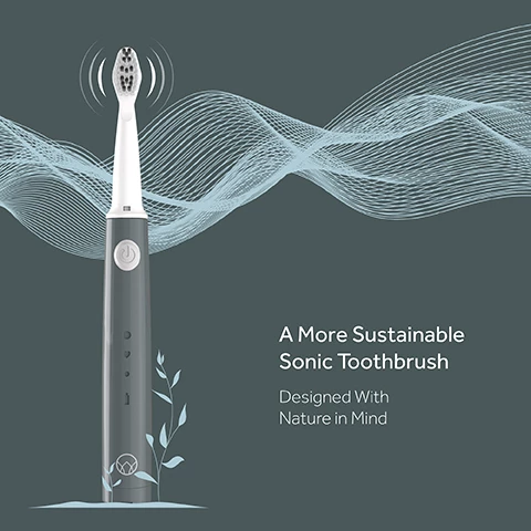 Image 1. a more sustainable sonic toothbrush. designed with nature in mind. image 2, bio plastic head. precision power - power delivery at the brush head. 3 easy cleaning modes. handle from recycled materials. soft bristles made from castor oil. 2 minute timer. 60 brushes per charge. image 3, effective surface stain removal