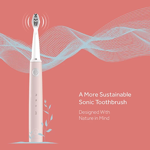 Image 1. a more sustainable sonic toothbrush. designed with nature in mind. image 2, bio plastic head. precision power - power delivery at the brush head. 3 easy cleaning modes. handle from recycled materials. soft bristles made from castor oil. 2 minute timer. 60 brushes per charge. image 3, effective surface stain removal