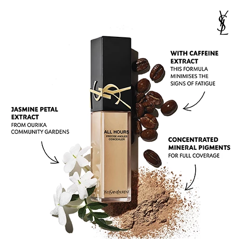 Image 1, jasmine petal extract from ourika community gardens. with caffeine extract this formula minimises the signs of fatigue. concentrated mineral pigments for full coverage. image 2, one concealer three ways to use. conceal dark circles and imperfections. enhance full face application. sculpt with a lighter shade to brighten and bring dimension. image 3, up to 24 hour creaseless coverage, comfortable feel, brreathable, 85% skincase base, natural matte finish. consumer test on 149 women. image 4, redness, dark circles, fatigue, hyperpigmentation before and after. image 5, all hours shade matching chart**. 1 = identify skin tone lights, medium or deep (L/M/D). 2 = identify undertone cool, neutral or warm (C/N/W). 3 = choose your desired match 1-10. light LC1, LC2, LC3, LC4, LC5, LC6, LN1, LN3, LN4, LN7, LN8, LN9, LW1, LW4, LW8, LW9. Medium = MC2, MC5, MN1, MN4, MN5, MN6, MN7, MN8, MN9, MN10, MW2, MW8, MW9. Dark = DC7, DC9, DN1, DN3, DN5, DW1, DW2, DW4, DW7. *for more information on identifying your undertone please refer to product page copy. **this equivalent recommended shade does not constitute a guarantee that it will be a match. individual results may vary. colour may appear different on screens. we always advice using our virtual with a YAL makeup expert.