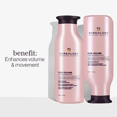 Image 1, benefit - enhances volume and movement. image 2, vitamin e, sunflower seed oil, eucalyptus leaf extract. image 3, vegan formula* sulfate free for a gentle cleanse. recycled bottles made from post consumer recycled materials. up to 80+ washes in one bottle. all formulas are highly concentrated meaning less water needed. every formula is made without animal products or by products. pureology never tests on animals. our shampoo and conditioner bottles , excluding cap are created with 95% post consumer recycled materials