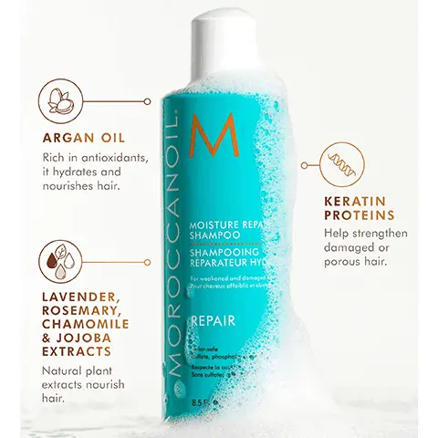 Image 1, argan oil - rich in antioxidants it hydrates and nourishes hair. red algae - helps protect the hair cuticle from dryness. vitamin e - helps hair maintain its natural moisture balance. Image 2, argan oil - rich in antioxidants it hydrates and nourishes hair. lavendar, rosemary, chamomile and jojoba extracts - natural plant extracts nourish hair. keratine proteins - help strengthen damages or porous hair. image 3, argan oil - rich in antioxidants it hydrates and nourishes hair. keratine proteins - help strengthen damaged or porous hair. lavender, rosemary, chamomile and jojoba extracts - natural plant extracts nourish hair.
