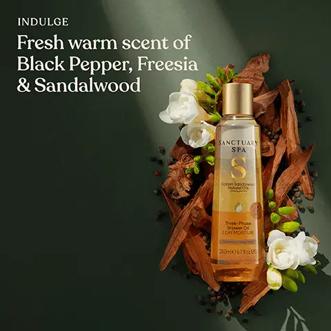 Image 1, INDULGE Fresh warm scent of Black Pepper, Freesia & Sandalwood SANCTUARY SPA S Golden Sandalwood Natural Os Three-Phose Shower Ol 3DAY MOISTURE 200ml@67cz US Image 2, Made With CASTOR OIL