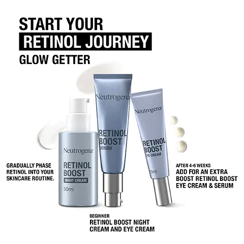 Image 1 - Image of three Neutrogena skincare products, including a bottle of Retinol Boost Night Cream, a tube of Retinol Boost Serum, and a tube of Retinol Boost Eye Cream, with text stating START YOUR RETINOL JOURNEY GLOW GETTER and additional instructions on using the products: GRADUALLY PHASE RETINOL INTO YOUR SKINCARE ROUTINE and AFTER 4-6 WEEKS ADD FOR AN EXTRA BOOST RETINOL BOOST EYE CREAM & SERUM.
Image 2 - A bottle of Neutrogena Retinol Boost night cream is displayed, with text that says Developed with dermatologists, Nourishes overnight to prevent and correct visible signs of ageing, Reduces fine lines and wrinkles, Brightens dark spots, and Boosts radiance, along with a 50ml label.
Image 3 - A Neutrogena retinol serum tube with a silver-blue design displaying text that reads DEVELOPED WITH DERMATOLOGISTS, alongside icons with the phrases BOOSTS RADIANCE, LIGHTWEIGHT FORMULA, SILKY TEXTURE, and PREVENTS AND CORRECTS VISIBLE SIGNS OF EARLY AGING.
Image 4 - A tube of Neutrogena Retinol Boost Eye Cream with visible text stating DEVELOPED WITH DERMATOLOGISTS, and bullet points highlighting benefits: BRIGHTENS UNDER EYE, INNOVATIVE FORMULA, FRAGRANCE-FREE, and PREVENTS AND CORRECTS VISIBLE SIGNS OF EARLY AGING, along with a 15ml size indication.
Image 5 - Image shows three Neutrogena skincare products from the Retinol Boost line: a white bottle labeled Retinol Boost Night Cream, a blue tube labeled Retinol Boost Eye Cream, and a silver tube labeled Retinol Boost Serum, with drops of cream nearby and text that reads 100% ACHIEVED NOTICEABLE RESULTS*.