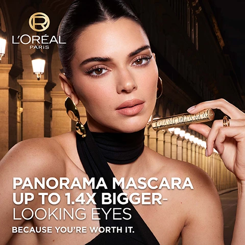 Image 1, panorama mascara up to 1.4 times bigger looking eyes. because you're worth it. image 2, corner to corner panoramic volume. fanned out lashes, smudge resistant. image 3, eyes appear 1.4 times bigger, before and after. image 4, multi level bristle brush. short and long bristles to volumise and fan the lashes. image 5, tested under ophthalmological control. suitable for sensitive eyes. suitable for contact lens wearers. dermatologist tested for safety. image 6, suitable for all lashes before and after. image 7, enriched with 5% stretchflex complex. ultra flexiable formula wraps each lash for separated clump free volume.
