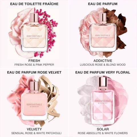 eau de toilette friache = fresh, fresh rose and pink pepper. eau de parfum = addictive, luscious rose and blond wood. eau de parfum rose velvet = velvety, sensual rose and white patchouli. eau de parfum very floral = solar, rose absolute and white flowers.