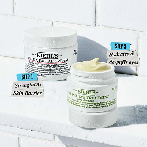 Image 1, step 1 - strengthens skin barrier. step 2 = hydrates and de-puffs eyes. image 2, squalane ultra facial cream. avacado - creamy eye treatment. image 3, did you know? warm the eye cream between your fingers to transform the formula into a refreshing burst of hydration. image 4, penetrates up to 15 layers deep. image 5, swatches of eye treatment. facial cream.