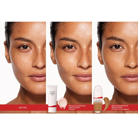 Image 1, before, revitalessence skin glow primer and revitalessence skin glow primer and foundation. image 2, kefir + and niacinamide. image 3, find your perfect base. synchro skin soft blurring primer = water based, 8 hour hydration, soft focus finish, instantly blurs and mattifies based on an independent US clinical study of 30 women. revitalessence skin glow primer = skincare active, 24 hour hydration, instant glow and instantly smooths and brightens. clinically tested on 25 women.