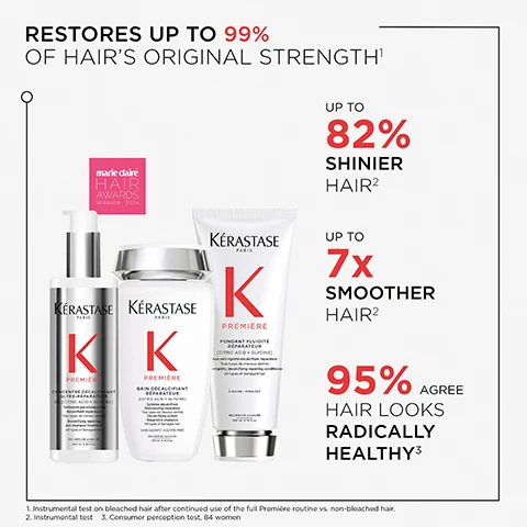 Image 1 - Image showing three Kérastase hair care products with text stating RESTORES UP TO 99% OF HAIRS ORIGINAL STRENGTH, UP TO 82% SH shinier HAIR, UP TO 7x SMOOTHER HAIR, 95% AGREE HAIR LOOKS RADICALLY HEALTHY, and a logo for marie claire HAIR AWARDS WINNER 2024.
Image 2 - Image of a step-by-step guide for a hair care routine titled Première Professional Layering Technique, showing three hands applying different products: Step 1 - Activate Repair with a pre-shampoo, Step 2 - Cleanse & Repair with shampoo, and Step 3 - Condition & Repair with conditioner, along with instructions for each step.
Image 3 - Image showing four hair textures with before and after comparisons, highlighting the improvement in hair condition; text includes Suitable for All Hair Types, For All Damage, and To Help with various hair care benefits.
Image 4 - Image of a glossy, transparent, yellowish oil splattered on a light gray background with the text TRANSPARENT, ENVELOPING OIL and PRÉMIÈRE INTENSIVE SHINE REPAIRING OIL visible.
Image 5 - A smiling man with curly hair wearing a dark blazer over a white shirt is shown, alongside the text that reads HOVIG ETOYAN Global Professional Ambassador Damaged hair is the n°1 concern in our salon. It is great to now have a complete exclusive protocol to offer the best repair to our clients.
Image 6 - A man with a beard and short hair is wearing a white lab coat over a black shirt, smiling and looking directly at the camera; visible text includes his name, Edine Ahbich, Kérastase Scientific Director, and a description of the effects of excessive calcium on hair and the role of Premiere in repairing it.