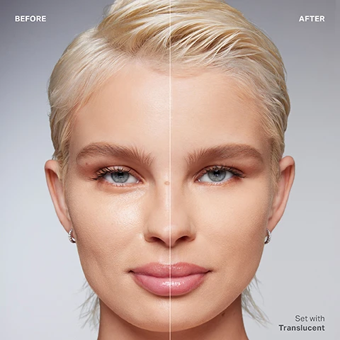 Image 1 - A split image shows a womans face with the left side labeled BEFORE displaying uneven skin texture and the right side labeled AFTER showing smoother skin, with visible text Set with Translucent.
Image 2 - The image shows various shades of loose powder arranged in swatches alongside clear containers, labeled as Translucent Rich, Banana, Translucent, Brightening Pink, Banana Rich, and Brightening Peach.
Image 3 - Image of a container of powder with the text stating ULTIMATE STAYING POWDER, and features including ALL-DAY PERFORMANCE, SOFT, NATURAL FINISH, and POWDER, PERSONALIZED.
Image 4 - Color wheel showcasing various makeup shades labeled Brightening Pink, Translucent, Brightening Peach, Translucent Rich, Banana, and Banana Rich, with descriptions of their suitability for different skin tones and effects, centered around the Morphe logo.
Image 5 - Image shows three jars of setting powder labeled Mini, Regular, and Jumbo, with descriptions indicating their uses: For on-the-go setting, For everyday setting, and For setting with savings, along with the brand name Morphe on the lids.
Image 6 - Image shows two containers of Morphe Bake & Set Setting Powder, one with a black lid on the left and one with a white lid on the right, with loose powder scattered around them; text reads NEW LOOK, SAME FAVORITE FORMULA and Bake & Set Setting Powder is getting a new look. For a limited time, packaging may vary.