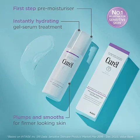 Image 1, First step pre-moisturiser Instantly hydrating gel-serum treatment No.1 IN JAPAN FOR SENSITIVE SKIN' Curél Curél Plumps and smooths for firmer looking skin RESTORATIVE AGING CARE Plumping Hydrating Gel Essence KOO *Based on INTAGE Inc SRI Data, Sensitive Skincare Product Market, Mar 2018 - Dec 2022, Value Base Image 2, GENTLE CERAMIDE CARE FOR MATURE, SENSITIVE SKIN SKIN FEELS FIRMER & LIFTED AFTER JUST 1 WEEK Curél Purging Hydrating Gel Essence *Based on a 2023 clinical usage study. Image 3, Curél CURÉL RESTORATIVE AGING CARE Unlock a youthful glow with gentle ceramide care, for mature, sensitive skin. ORATIVE AGING CAME Pumping Hydrating Gel Essence Curél Curél