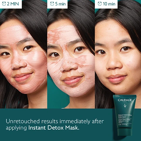 Image 1 - A woman with a facial mask on her skin is shown in three images: one at 2 minutes, one at 5 minutes, and one at 10 minutes, with visible text stating Unretouched results immediately after applying Instant Detox Mask and the product details for Caudalie Instant Detox Mask.
Image 2 - A woman with a facial treatment showing visibly dry patches and redness on her skin gazes slightly to the side, accompanied by the text Clear skin in 5 minutes and 95% saw pores tightened*.
Image 3 - Image of a green tube of Caudalie Instant Detox Mask, with pink clay swatches in the background; visible text includes information about the products ingredients and benefits such as Pink clay absorbs sebum, Organic Grape marc stimulates blood circulation, and Coffee extract anti-oxidant.
Image 4 - A person with a smiling expression is wearing a pink facial mask, showcasing clear skin, with the text Fresh and glowing complexion 100% detox effect* displayed on the right side.
Image 5 - Two green tubes of Caudalie Instant Detox Mask are displayed on a background featuring a peach-colored cream smear, with the larger tube labeled Full-size 75mL and the smaller tube labeled Travelsize 35mL.
Image 6 - Image shows two tubes of Caudalie Instant Detox Mask side by side, labeled Before and Now, with the text New Instant Detox Mask above and New pack, same formula below.
Image 7 - An illustrated hand holds a tube of Caudalie Instant Detox Mask against a teal background, with instructional text on how to recycle the product, including steps to dispose of the tube and recycle the cap with TerraCycle.