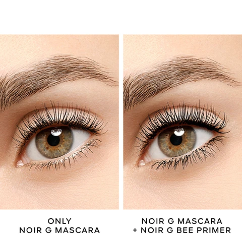image 1, only noir g mascara. noir g masacara + noir g bee primer. image 2, +70% curl, +68% volume. +64% length