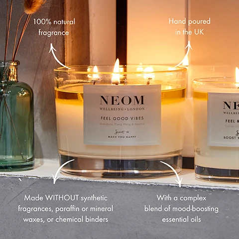 Image 1, 100% natural fragrance, hand poured in the UK. made without synthetic fragrances, paraffin or mineral waxes or chemical binders. with a complex blend of mood-boosting essential oils. image 2, feel good vibes in a candle. wellbeing benefits - three 10ml bottles of pure essential oil per candle. uplifting blend of mandarin, ylang ylang and jasmine oils to boost your mood. 100% natural fragrances and naturally derived wax. image 3, grab a wellbeing gift for them and you. image 4, get the best out of your candle. trim wicks to about 1cm before lighting each time. with 3 wick candles always light all 3 wicks at the same time. burn for a minimum of 2 hours and a maximum of 4, this will ensure the wax burns evenly. up to 50 hours burn time. image 5, smalls like a glistening spritz of citrus peel, uplifting and breezy.