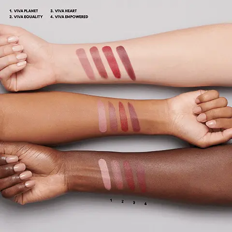 Image 1, 1 viva planet, 2 viva equality 3 viva heart 4 viva empowered Image 2, OUR ICONIC LIPSTICK: NOW MAXED OUT WITH MORE COMFORT NEW ximal MAC SILKY MATTE LIPSTICK ORGANIC SHEA BUTTER COCONUT OIL ORGANIC COCOA BUTTER Image 3, BEFORE MORE COLOUR. MORE COMFORT. MORE LONGWEAR. AFTER AC