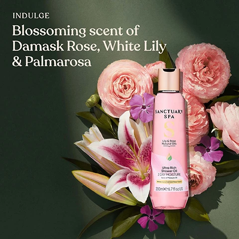 image 1, induldge blossoming scent of damask rose, white lily and palmarosa. image 2, made with gold of pleasure oil. image 3, cruelty free, vegan product, 90% natural origin, 0% mineral oil, contains recycled plastic.