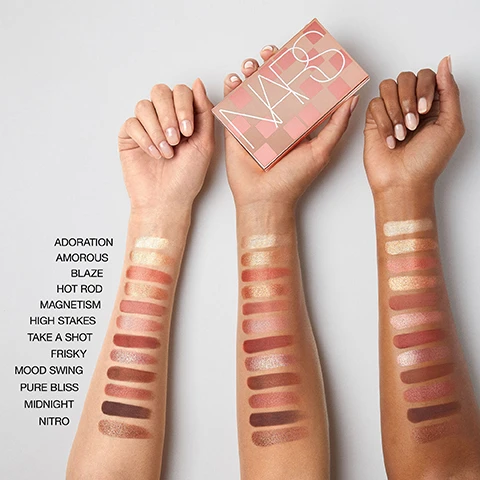 Image 1, swatches of adoration, amorous, blaze, hot rod, magnetis, high stakes, take a shot, frisky, mood swing, pure bliss, midnight, nitro. image 2, 1 = amorous add sparkling gold all over lid. 2 = magnetism blend matte rust pink across the crease and along the lower lash line. 3 = midnight push matte espresso across the upper lash line for definition. image 3, 1 = high stakes sweep shimmering rose pink across entire lid. 2 = magnetism and take a shot blend matte rust pink and cinnamon through the crease and along lower lash line. 3 = amorous apply sparkling gold to inner corner for a soft highlight. image 4, 1 = take a shot, apply matte cinnamon to the inner and outer third of eye, leaving the cnter bare and blend into crease. 2 = hot rod tap sparkling bunished orange to center lid. 3 = smudge matte espresso along the upper lash line.