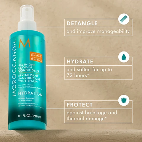 Image 1, detangle and improve manageability. hydrate and soften for up to 72 hours. protect against breakage and thermal damage. image 2, reduces breakage by 49%