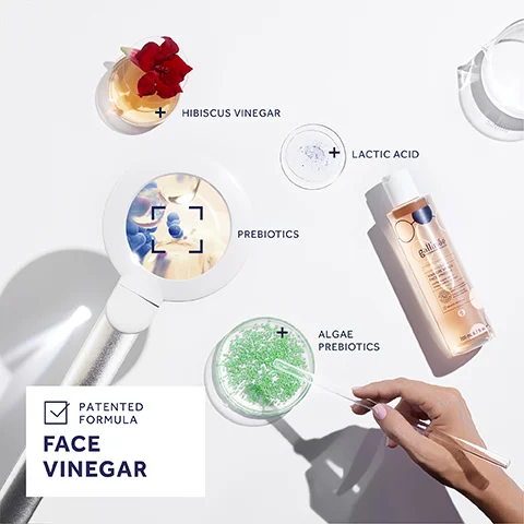 +HIBISCUS VINEGAR PATENTED FORMULA FACE VINEGAR ך PREBIOTICS + LACTIC ACID ALGAE PREBIOTICS gall