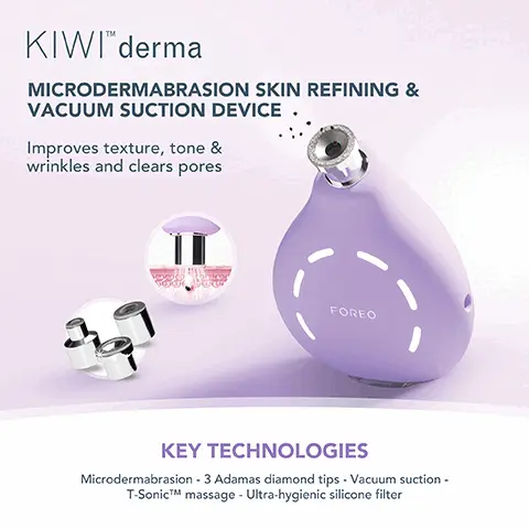 Image 1, KIWITM derma MICRODERMABRASION SKIN REFINING & VACUUM SUCTION DEVICE. Improves texture, tone & wrinkles and clears pores FOREO KEY TECHNOLOGIES Microdermabrasion - 3 Adamas diamond tips - Vacuum suction - T-SonicTM massage - Ultra-hygienic silicone filterm Image 2, UFOTM 3 ADVANCED SKIN WELLNESS BOOSTER Hydrating anti-ageing LED facial device Deeply hydrates, massages and revitalizes skin in just 2 minutes for a long-lasting youthful complexion KEY TECHNOLOGIES Full-spectrum LED - Warming - Cooling - T-SonicTM massage - 2-min hyper infusion Image 3, SKIN REFINING TREATMENT IMPROVES SKIN TEXTURE REDUCES APPEARANCE OF WRINKLES UNCLOGS & MINIMIZES PORES INCREASES ABSORPTION OF SKINCARE Image 4, CLINICAL RESULTS 96% consumers reported reduced blackheads, whiteheads, dirt & impurities 90% consumers reported softer, smoother & more healthy skin 90% consumers reported minimized pores, more even tone & younger-looking skin *Based on consumer testing with 30 subjects, aged 20-45, over 14 days. Image 5, CLINICALLY PROVEN TO: INCREASE SKIN MOISTURE LEVELS BY 126% FOR UP TO 6 HOURS FOREO BE MORE EFFECTIVE THAN A SHEET MASK ALONE IN JUST 2 MINUTES *Based on 28-day clinical testing on 24 female subjects, aged 18 to 35. Image 6, KIWI derma UFO 3 голко Do's • Regular moisturiser applications are vital to replenish the skin, preventing dryness and peeling • Use SPF 30+ daily • Cleanse using a balm/oil cleanser in the evenings with a damp cloth, following up with a gel/cream cleanser to remove any SPF or makeup • Use UFOTM 3 to hydrate, replenish, and calm skin post-treatment and resume your skincare after 1 week Do's • Always start with a makeup-free, clean, and dry face to ensure proper hyper-infusion of skincare actives • Adjust and save up to 8 customized treatments on the device so you can easily use your UFOTM 3 offline • You can repeat the treatment for as long as there is any mask essence left, or squeeze the liquid left over in the sachet • Advanced Temperature Control allows using UFOTM 3 with most of your own sheet masks but, for optimal safety, we recommend researching the effects of temperature change on any non-FOREO masks Image 7, KIWI derma UFO 3 голко Dont's • A week before microdermabrasion treatment avoid retinol, chemical exfoliants, and Vitamin C • For 24 hours: Avoid hot showers/baths, swimming, hair removal, fake tan and makeup • For 48 hours: Avoid sun exposure or sunbeds • For 72 hours: Do not use any anti-aging creams. AHA's, glycolics, retinol, exfoliating products, or Vitamin C Dont's • If you have a skin condition or any medical concerns, please consult a dermatologist before use • Be careful in the under-eye regions and do not bring the device into contact with the eyelids or eyes • Do not place directly onto the face with power on without a mask in between the skin and the device • UFOTM 3 has a heated surface. Those sensitive to heat must use caution and care when using this device Image 8, AFTER BEFORE REDUCES FINE LINES & WRINKLES EVENS SKIN TEXTURE AND TONE