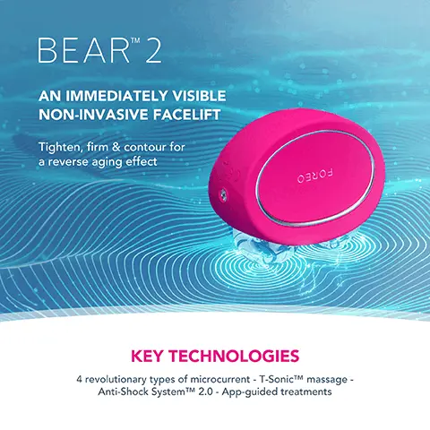 Image 1, BEAR 2 AN IMMEDIATELY VISIBLE NON-INVASIVE FACELIFT Tighten, firm & contour for a reverse aging effect Ознов KEY TECHNOLOGIES 4 revolutionary types of microcurrent - T-SonicTM massage- Anti-Shock SystemTMM 2.0 - App-guided treatments Image 2, FOREO SUPERCHARGEDTM SERUM SÉRUM SERUM -2.0 - Firm, renew & replenish FOREO PERCHARGED SERUM SCRUM SERUM 2.0 30 Le KEY INGREDIENTS 5 kinds of HA - Squalane - Vitamin E - Ceramides - Amino Acids - Panthenol - Electrolytes Image 3, REPLENISHING HYALURONIC ACID COMPLEX ANTIOXIDANT-RICH SQUALANE, CERAMIDES & VITAMIN E MOISTURIZING PANTHENOL + AMINO ACID (SERINE) CONDUCTIVE MOISTURIZING ELECTROLYTES Image 4, MICROCURRENT FACIAL DEVICE REDUCE WRINKLES. IMPROVE FIRMNESS. REAL RESULTS IN 1 WEEK. *Based on 30-day clinical testing on 40 female subjects, aged 25 to 55. FORE A CRUM ERUN CRUN 20- cen Image 5, CLINICAL RESULTS 95% of consumers reported younger skin & lifted cheekbones 93% of consumers reported brighter, healthier & plumper skin 93% of consumers reported less puffiness and sagging *Based on 30-day clinical testing on 40 female subjects, aged 25 to 55. Image 6, AFTER BEFORE Clinically proven to significantly improve deep wrinkles & fine lines. Clinically proven to significantly improve skin firmness & elasticity. AFTER BEFORE