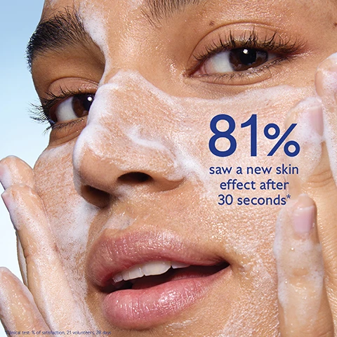 Image 1 - A close-up of a person applying a foamy facial cleanser to their cheek, with the text 81% saw a new skin effect after 30 seconds* prominently displayed.
Image 2 - Image of a white foaming skincare product bottle surrounded by blueberries, with text highlighting its benefits: Organic grape water for moisturising, soothing, anti-oxidant, and prebiotic properties; AHAs improve skin texture; mandelic acid exfoliates and brightens skin; labeled as Caudalie Vinoperfect Brightening Micropeeling Foam.
Image 3 - Image shows a comparison of a persons nose before and after using a skincare product, with visible text indicating 81% saw a new skin effect after 30 seconds and Reduced pores in 30 seconds, along with the product name CAUDALIE Vinoperfect Micropeel Foam and its size.
Image 4 - Image shows two foaming skincare products from Caudalie, one labeled Vinoperfect Foam on the left and the other Vinoclean Foam on the right, with descriptions underneath each product highlighting their functions: Daily peeling treatment, Cleanses and exfoliates, Brighter skin for Vinoperfect Foam, and Daily cleanser, Gently purify skin, Hydrated skin for Vinoclean Foam.
Image 5 - Image shows a person with a pump bottle of Caudalie Vinoperfect Foam dispensing a foam onto their hand with a blue background, along with instructions that read How to use Vinoperfect Foam Apply to dry skin, avoiding the eye contour, massage, and leave on for 30 seconds. Rinse.
Image 6 - Image features a collection of skincare products from Caudalie, including a concentrated brightening glycolic essence, a brightening eye cream, a brightening micropol foam, a brightening dark spot serum, a dark spot niacinamide moisturizer, a glycolic peel mask, and a dark spot correcting glycolic night cream.